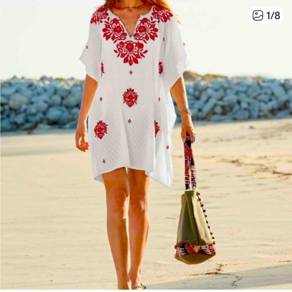 Sundance Sunny Sicily White with Red Embroidery Swimsuit Cover Up Size XSmall